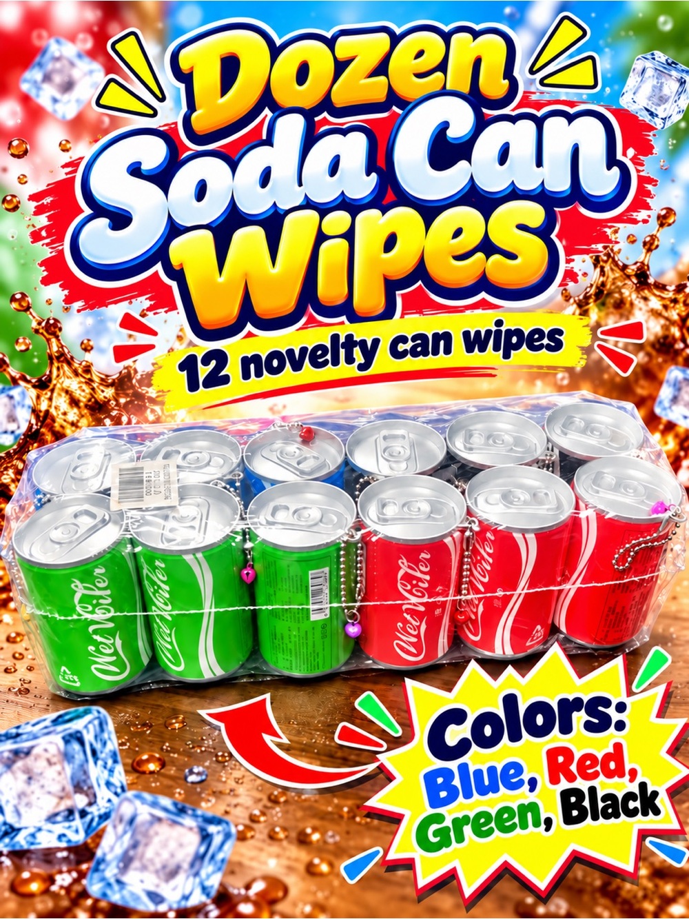 Dozen Soda Can Wipes - Novelty Can Wipes (Red , Blue, Green, Black)